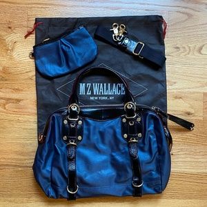 MZ Wallace Satchel - Metallic Blue Nylon with Black Patent Leather